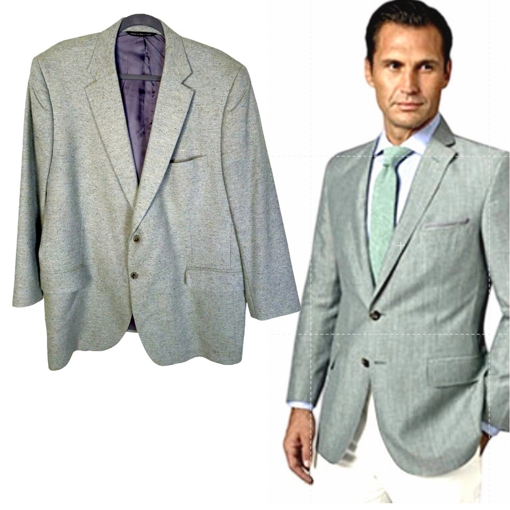 Vintage Tom James 48R Speckled WOOL Suit Jacket LUXURY Blazer Sage Green